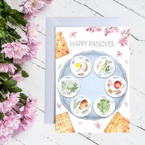 Pesach-kort med illustrerat sederfat med matza bröd och texten "Happy Passover"